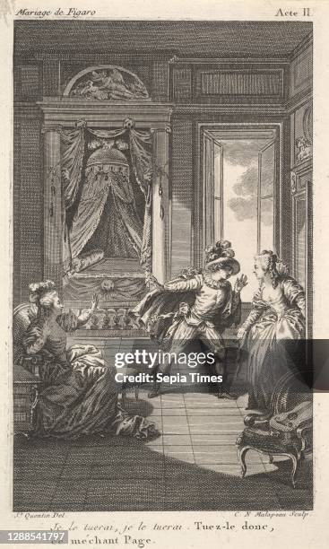 Man leans toward a woman standing in a doorway at right, at left a seated woman raises both hands, a canopied bed beyond, from a series of five...