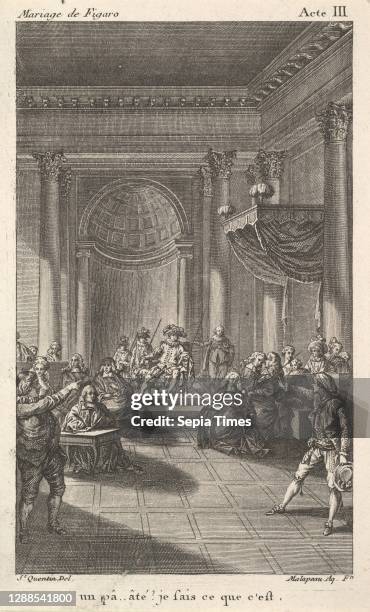 Man seated in a chair on a stepped platform holds an audience, two pointing men stand in the foreground, from a series of five illustrations after...