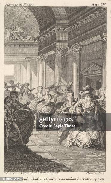 Dancing couples surround four standing women in a barrel-vaulted hall, from a series of five illustrations after Jacques Philippe Joseph de...