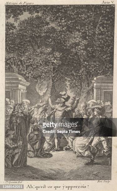 Young boy holds a torch under trees in a garden, at center a man raises both arms, surrounded by male and female figures, from a series of five...