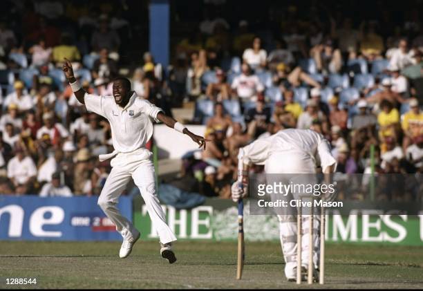 Curtly Ambrose of the West Indies celebrates after he takes the wicket of England Captain Mike Atherton during the Third Test match at the Queen's...