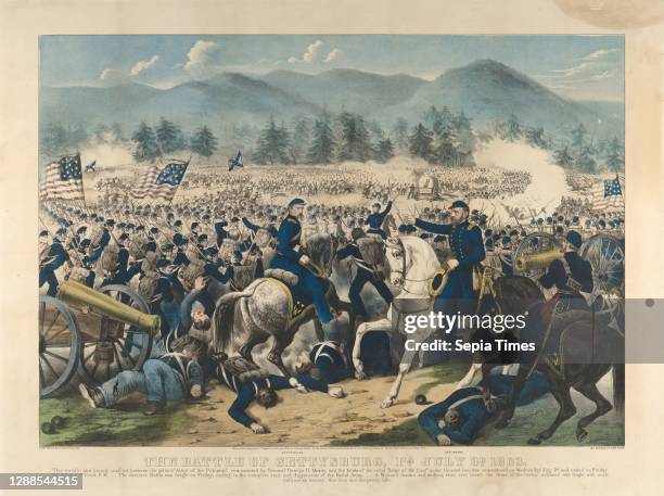 The Battle of Gettysburg, Pa., July 3rd 1863, Hand-colored lithograph with blue tint stone, Image: 15 11/16 x 22 3/8 in. , Prints, The New York...