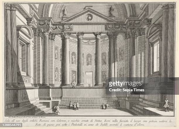 'Colonnaded hall according to the custom of the ancient Romans, and niches adorned witn statues' , from the series 'Part one of architecture and...