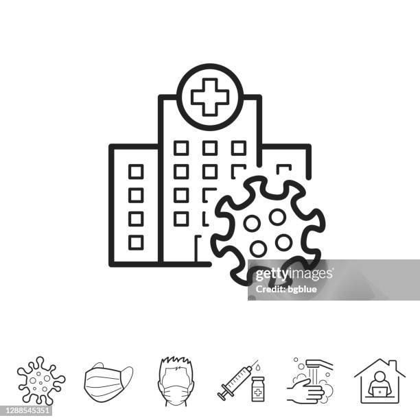 ilustraciones, imágenes clip art, dibujos animados e iconos de stock de hospital con célula coronavirus. icono de línea - trazo editable - urgencias-hospital