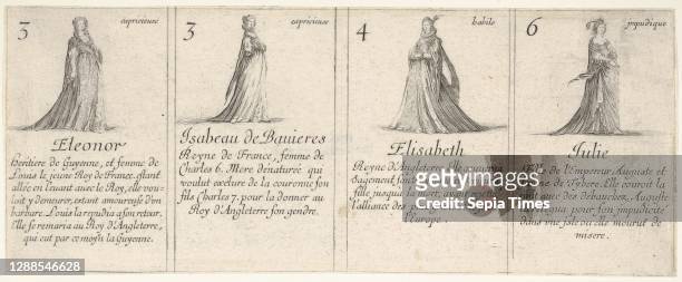 Eleonor, Isabeau de Bauieres, Elisabeth, and Julie, from 'The game of queens' Etching, Sheet: 3 9/16 x 8 13/16 in. , Prints, Stefano della Bella .