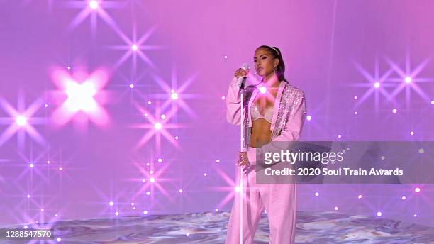 In this screengrab released on November 29th, Snoh Aalegra performs during the 2020 Soul Train Awards presented by BET.