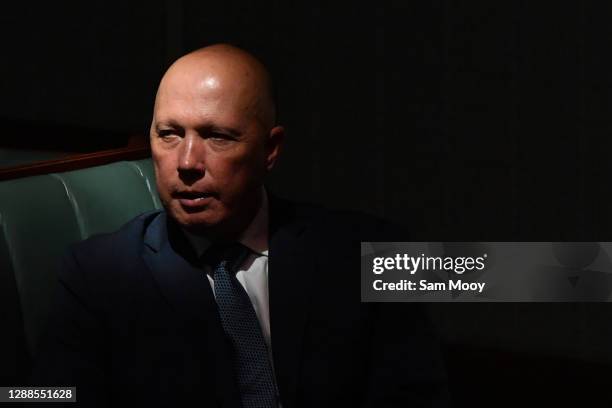 Minister for Home Affairs Peter Dutton looks on during Question Time in the House of Representatives at Parliament House on November 30, 2020 in...