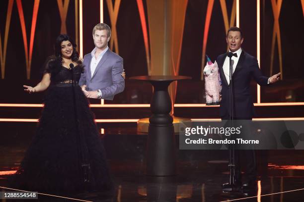 Susie Youssef and Rove McManus speak during the 2020 AACTA Awards presented by Foxtel at The Star on November 30, 2020 in Sydney, Australia.