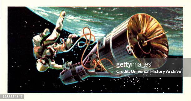 From a series of cards for Brooke Bond Tea; 1973; "The Race into Space", illustrated by David Lawson; illustrated colour image of Gemini 3, one of...