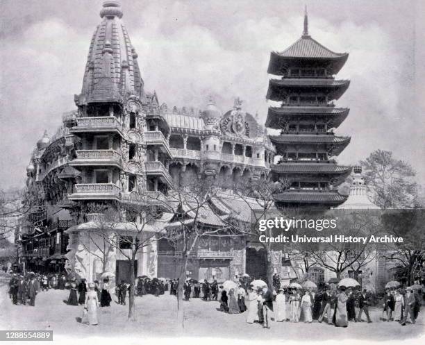 Exposition Universelle Paris, 1900; photograph in the area called Le Tour du Monde; an artifice produced by the painter Louis Dumoulin and prepared...