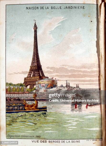 Exposition Universelle Paris, 1889; a coloured illustration of the view of canal boats on the Seine looking over the river at the Eiffel Tower..