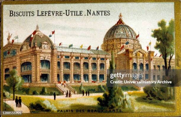 Coloured illustration commemorating the 1889 Exhibition showing Palace of Fine Arts. Produced by the Lefevre Biscuit Factory in Nantes..