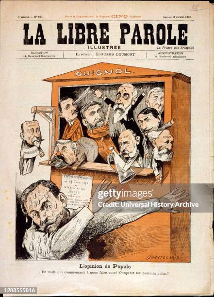 Coloured illustration of a Punch and Judy show with puppet heads of politicians entitled "The opinion of the population". Illustrated by Chanteclair....