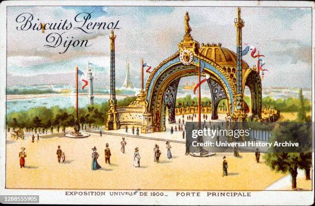 Colour illustration commemorating the Exposition Universelle in Paris showing the Main Gate. Produced by Pernot Biscuits, Dijon..