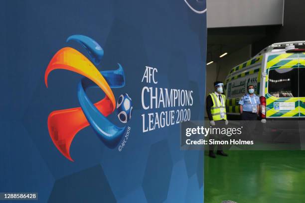 The AFC Champions League logo seen before the AFC Champions League Group F match between FC Tokyo and Ulsan Hyundai at the Education City Stadium on...