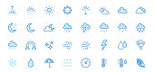 Weather line icons set. Sun, rain, thunder storm, dew, wind, snow cloud, night sky minimal vector illustrations. Simple flat outline signs for web, forecast app. Blue color, Editable Stroke