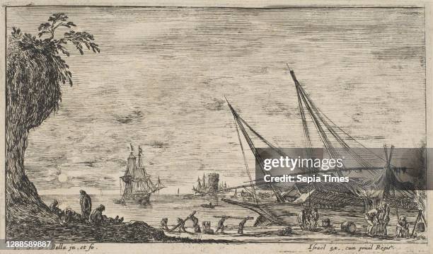 Seaport with ships, from 'Seascapes' , ca. 1644, Etching, Sheet : 2 15/16 × 5 1/8 in. , Prints, Stefano della Bella .