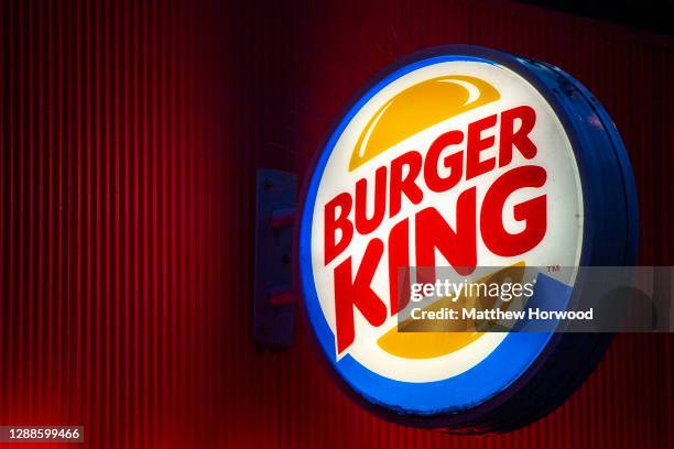 Close-up of a Burger King sign on November 16, 2020 in Cardiff, Wales. Many UK businesses are announcing job losses due to the effects of the...