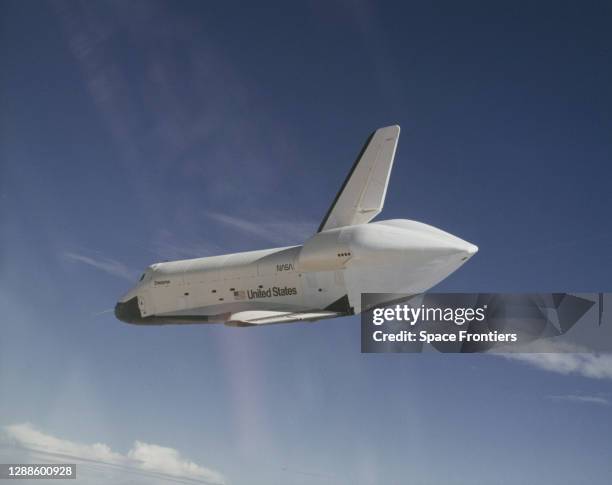 The Space Shuttle Enterprise during the first free flight of the Shuttle Approach and Landing Tests at the Dryden Flight Research Center in Southern...