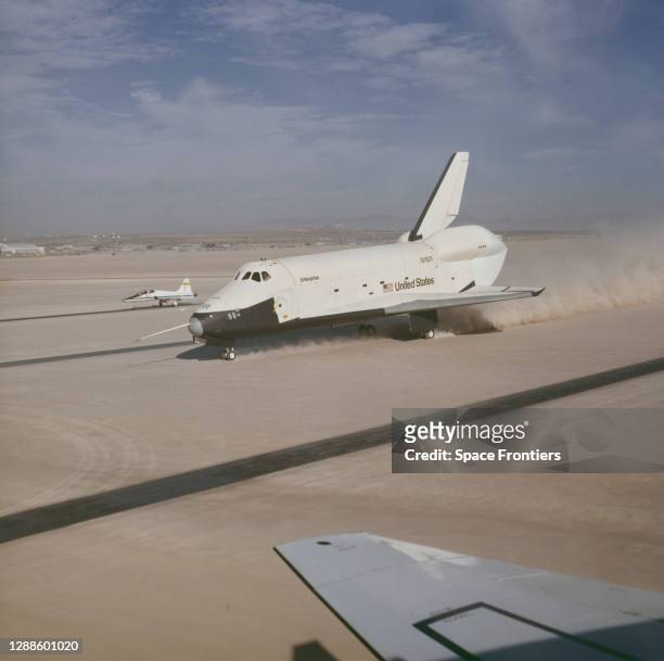The Space Shuttle Enterprise touches down after the second free flight of the Shuttle Approach and Landing Tests at the Dryden Flight Research Center...
