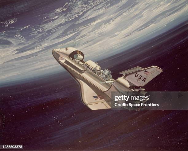 Concept art by M Alvarez of a US space shuttle on a joint mission with the ESA , circa 1977.