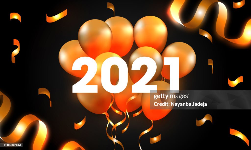 Happy New Year 2021. Realistic gold balloons. helium balloon on ribbon, glitter bright confetti.