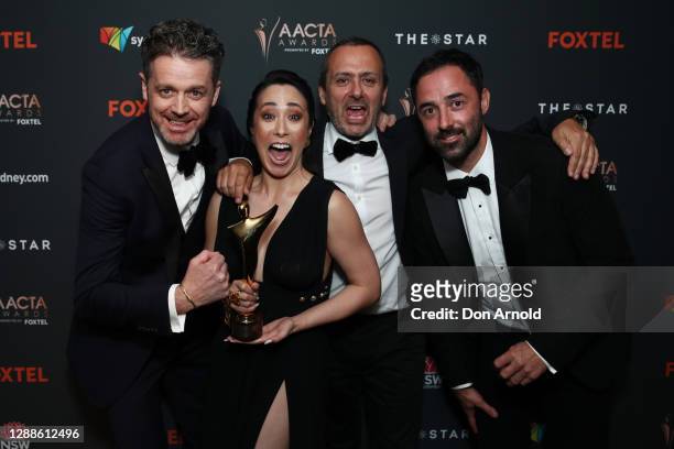 Jock Zonfrillo, Melissa Leong, Executive Producer MasterChef Australia at EndemolShine Marty Benson and Andy Allen pose with the AACTA Award for Best...