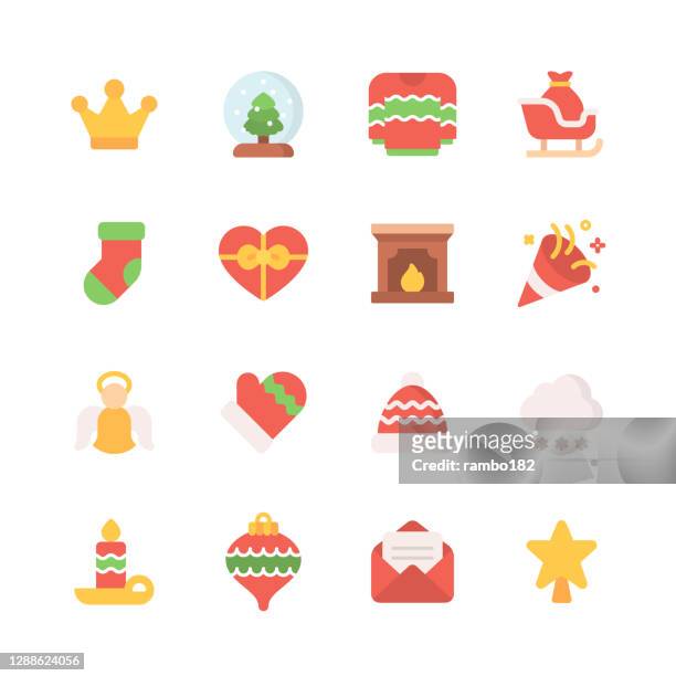 bildbanksillustrationer, clip art samt tecknat material och ikoner med jul platta ikoner. pixel perfekt. för mobil och webb. innehåller sådana ikoner som jul, semester, firande, ängel, vinter, snö, hatt, släde, strumpa, hjärta, gåva giving, julgran, tröja, julkort, julbauble, dekoration. - santa hat icon