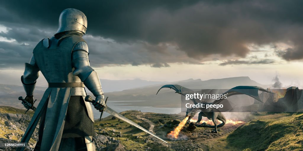 Knight Looks Down On Huge Dragon Breathing Fire Near Castle