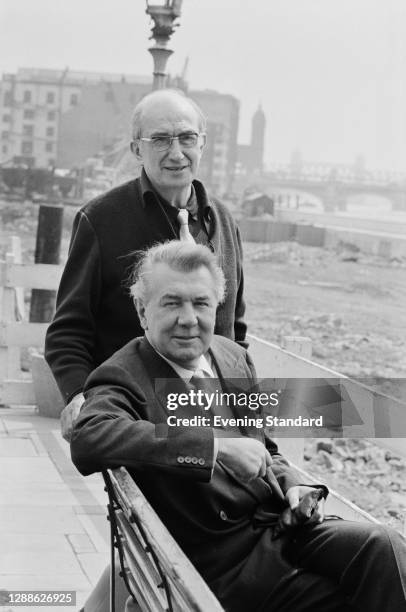 English actors Bernard Miles and Sir Michael Redgrave outside the Mermaid Theatre in London, UK, 1971.