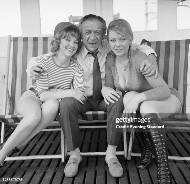 From left to right, actors Jacki Piper, Sid James and Margaret Nolan, stars of the comedy 'Carry On At Your Convenience', in Brighton, UK, May 1971.