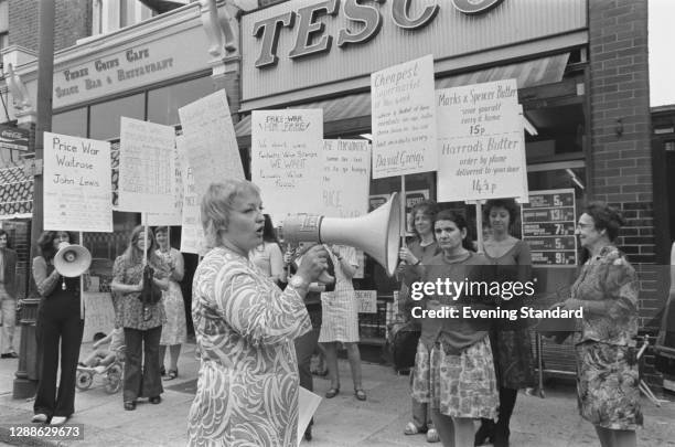 English activist Erin Pizz addresses a protest by housewives against rising food prices, UK, July 1971.