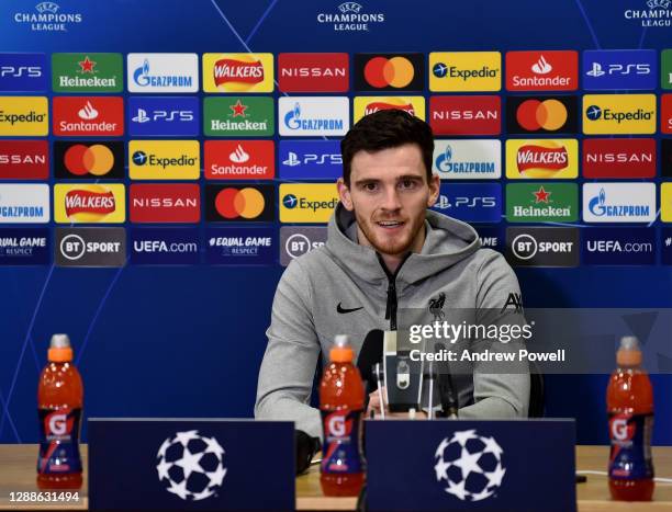 Andy Robertson of Liverpool during a press conference ahead of the UEFA Champions League Group D stage match between Liverpool FC and Ajax Amsterdam...