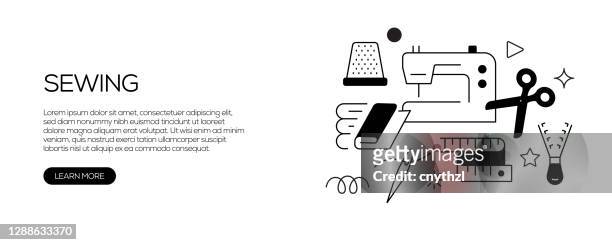 sewing related line design style web banner vector illustration - ball of wool stock illustrations