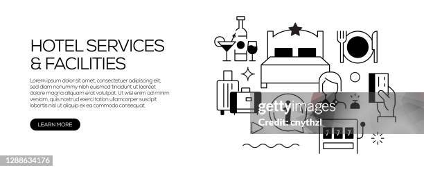 hotel services and facilities related web banner line style. modern linear design vector illustration for web banner, website header etc. - spa reception stock illustrations