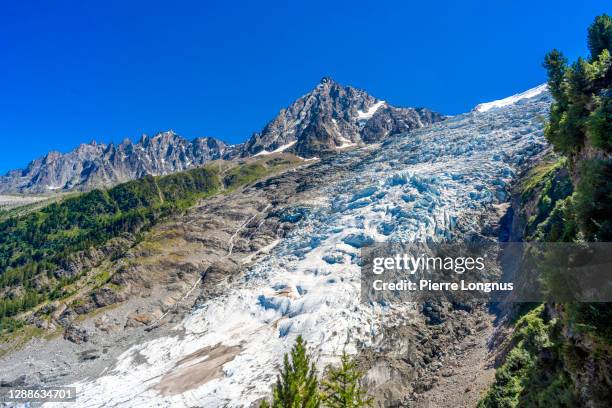 glacier des bossons near chamonix, aiguille du midi in backdrop - le glacier des bossons photos et images de collection