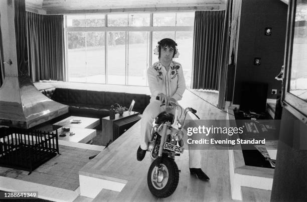 English drummer Keith Moon of rock band the Who at Tara House, his new home in Chertsey, Surrey, UK, August 1971.