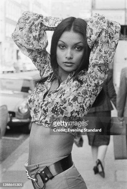 Guyanese actress and fashion model Shakira Baksh, the partner and later wife of actor Michael Caine, UK, September 1971.
