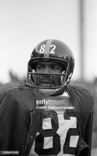 John Stallworth of the Pittsburgh Steelers on the sideline during a game against the New York Jets at Shea Stadium on November 27, 1977 in Queens,...