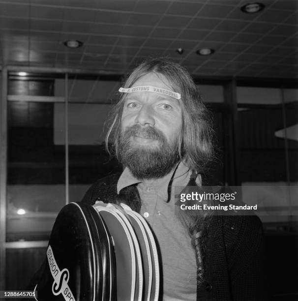 Danish tennis player Torben Ulrich, UK, October 1971. He is wearing a customs sticker from Vancouver on his forehead.