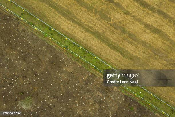 Drone view of an area of recently-planted saplings near to the cleared strip of land along the HS2 route that cuts through Cubbington Woods on...