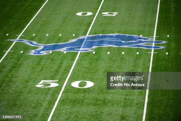 The Detroit Lions logo is pictured before the game between the Detroit Lions and Houston Texans at Ford Field on November 26, 2020 in Detroit,...