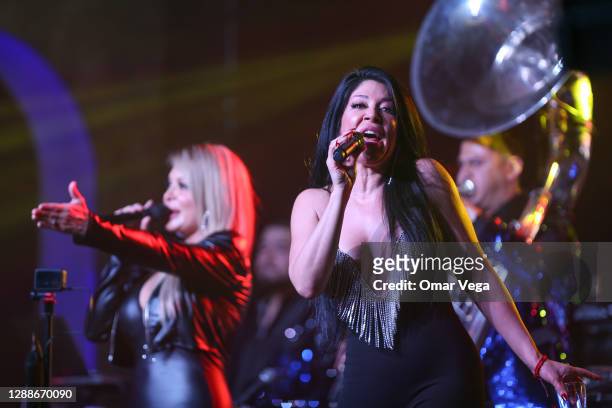 Vicky Terrazas and Marisol Terrazas of Los Horoscopos de Durango performs on stage during a Thanksgiving concert at Farwest Club on November 27, 2020...