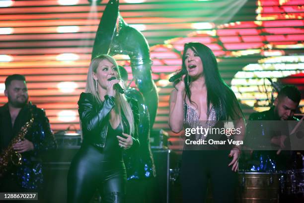 Marisol Terrazas and Vicky Terrazas of Los Horoscopos de Durango performs on stage during a Thanksgiving concert at Farwest Club on November 27, 2020...