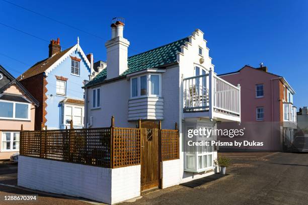 England, Suffolk, Aldeburgh, Aldeburgh Beach and Colourful Seafront Buildings.