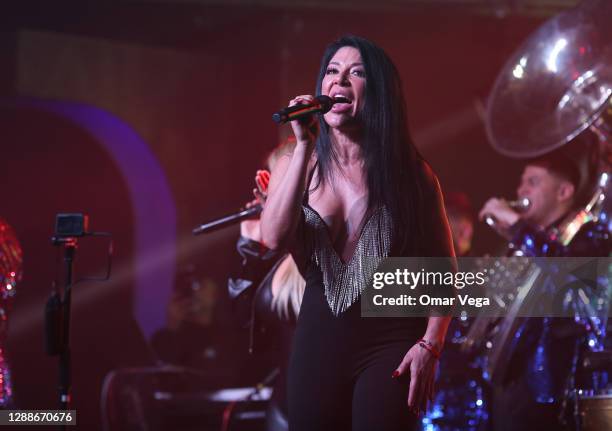 Vicky Terrazas of Los Horoscopos de Durango performs on stage during a Thanksgiving concert at Farwest Club on November 27, 2020 in Dallas, Texas.