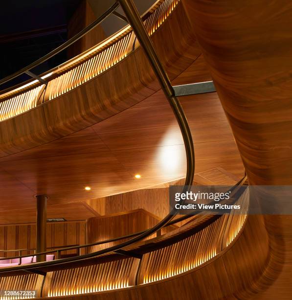 Detail of walnut cladding in Linbury Theatre. Royal Opera House, London, United Kingdom. Architect: Stanton Williams, 2018.