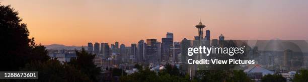 City panorama with Space Needle. Space Needle, Seattle, United States. Architect: Olson Kundig, 2020.