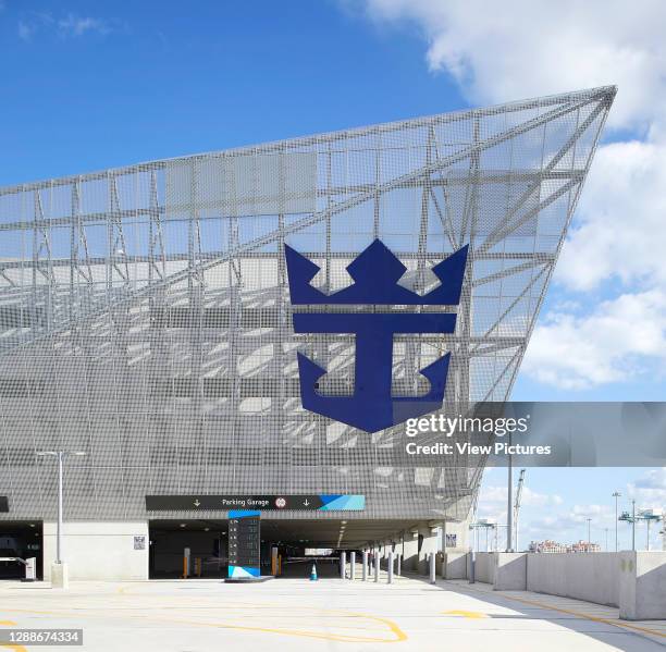 Exterior facade. Royal Caribbean Miami Cruise Terminal, Miami, United States. Architect: Broadway Malyan Limited, 2019.