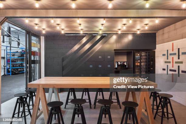 Seating area. Gymnasium Clapham, London, United Kingdom. Architect: Holland Harvey Architects, 2019.